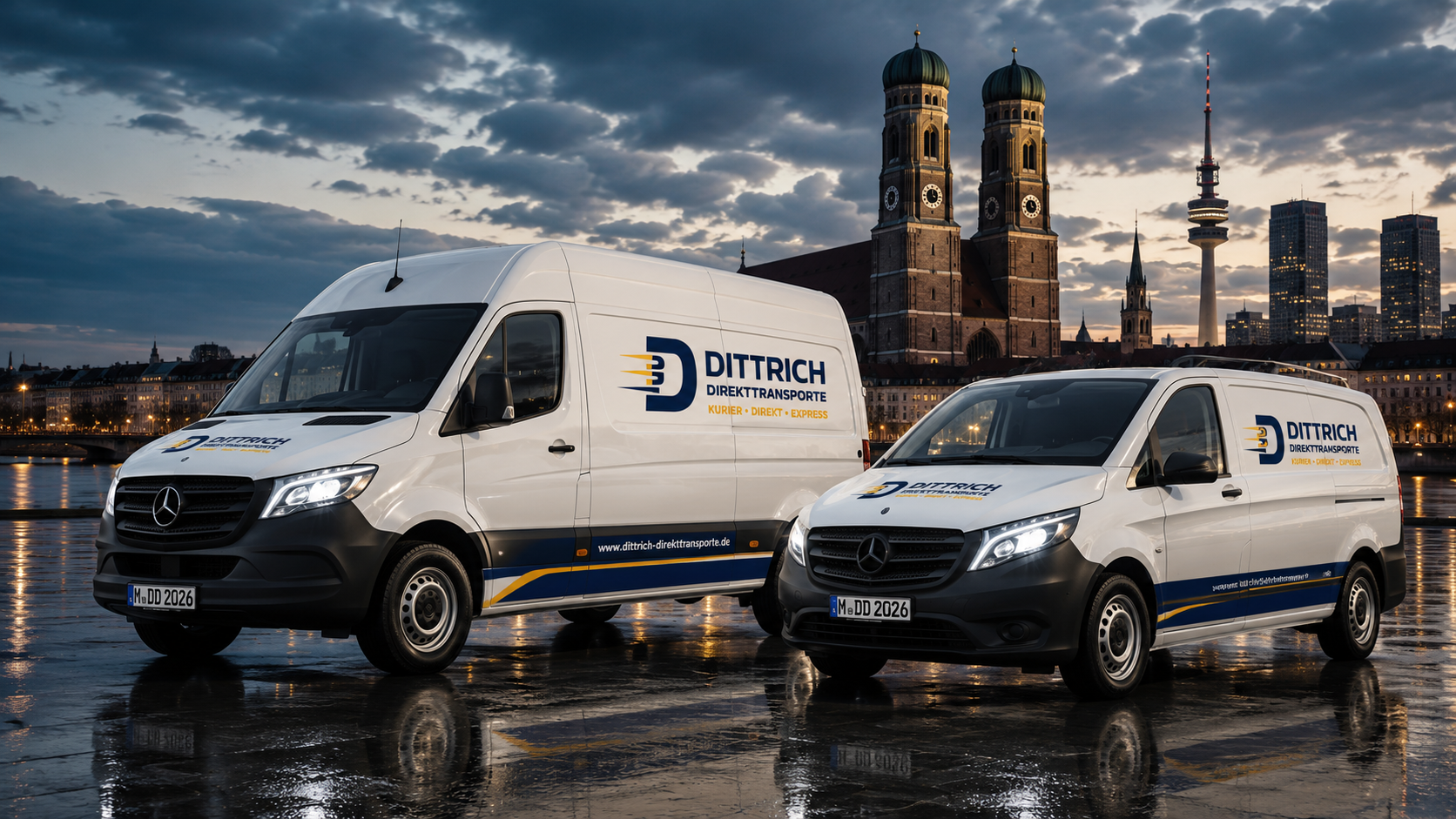 Fahrzeuge von Kleintransporte Dittrich vor der Münchner Skyline